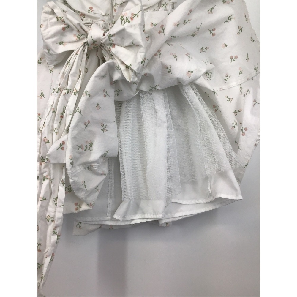 Strapless Ruched Fit & Flare Dress White Rosebud Floral Bow Sash Coquette S - Picture 10 of 10